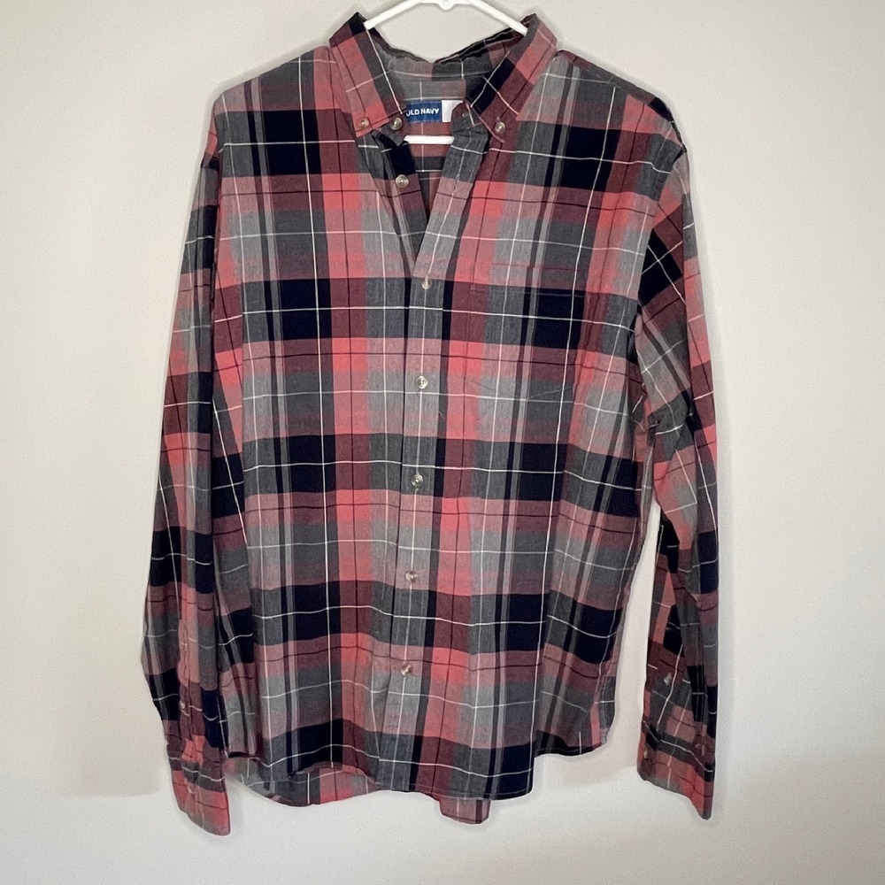 Old Navy Plaid Button Down Everyday Casual Shirt Long Sleeve Pink Gray Men Large